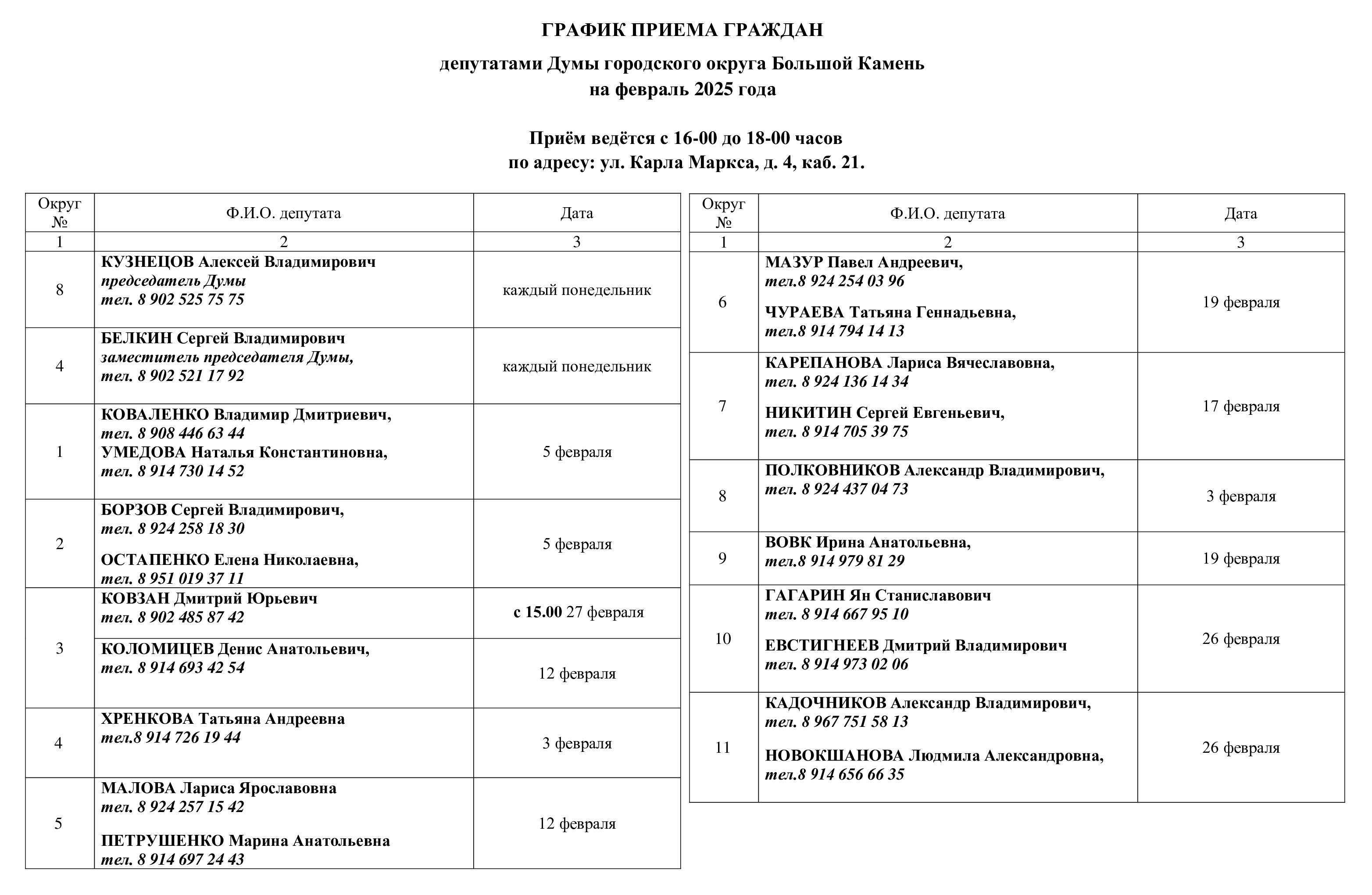 График приема граждан депутатами на февраль 2025 года.