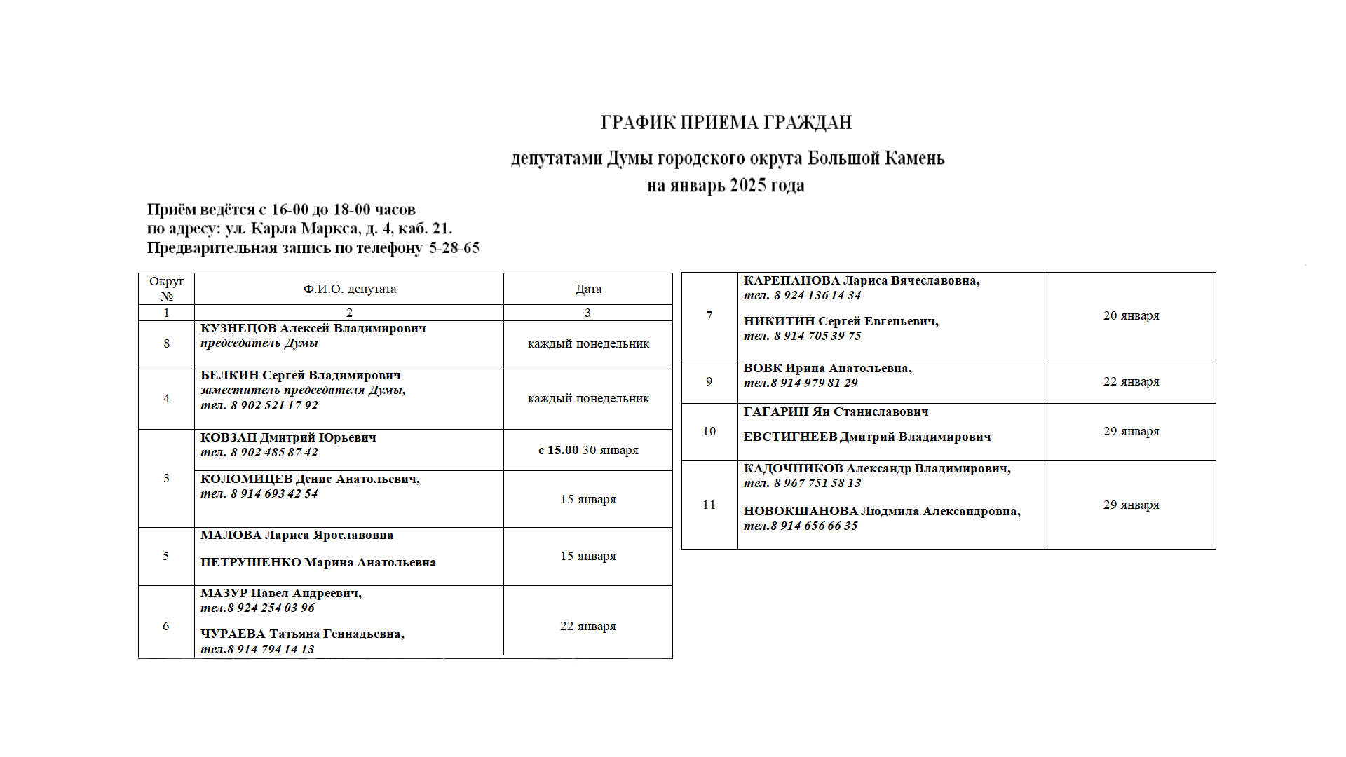 График приема граждан депутатами на январь 2025 года.